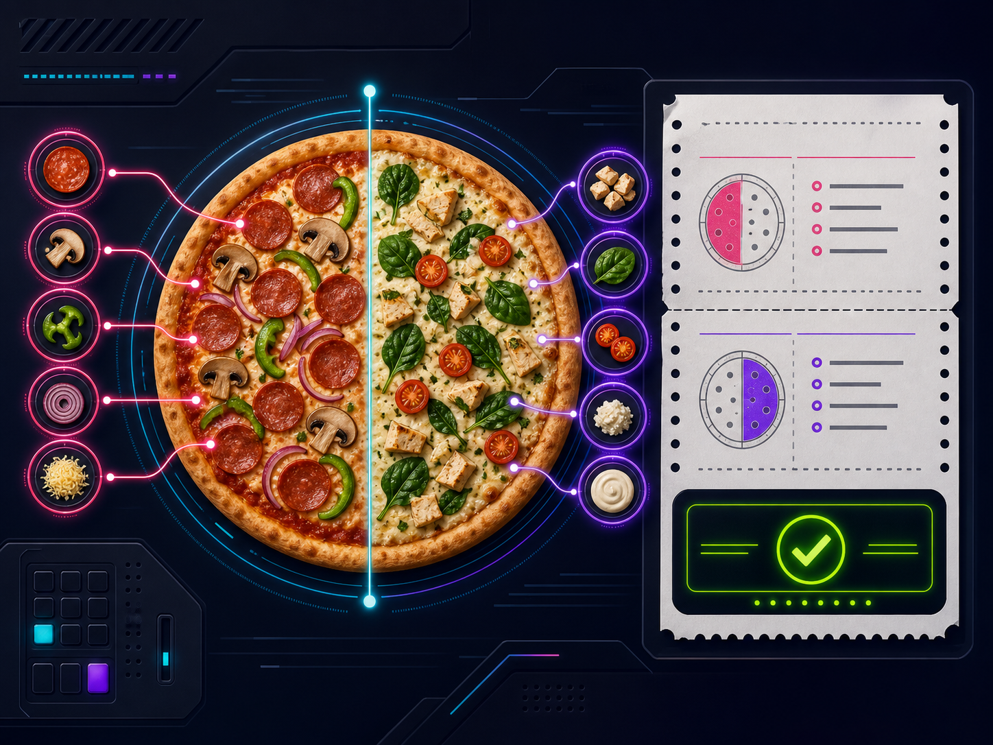 Half-and-half pizza with pepperoni on one side, spinach and roasted tomato on the other, connected by neon lines to a structured Fire It order ticket.
